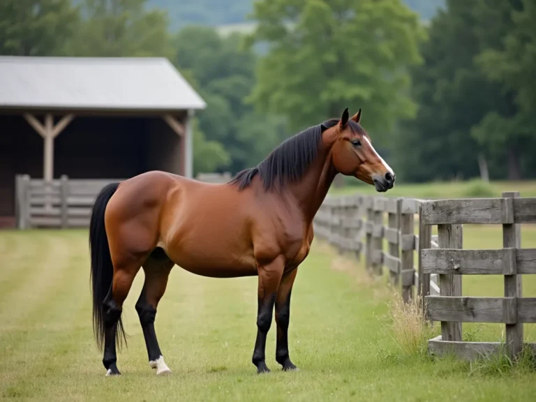Horse standing still and staring at a pasture fence
