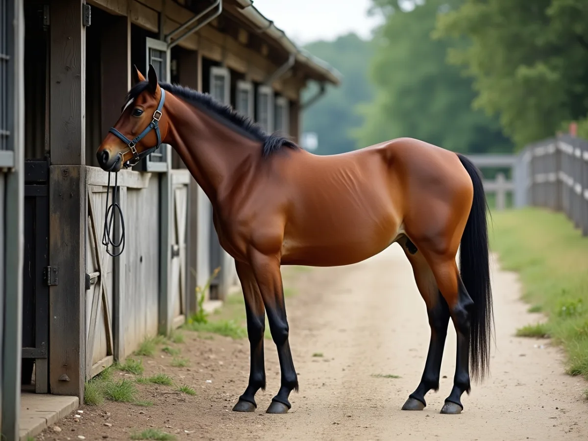 Horse standing still beside a paddock gate
