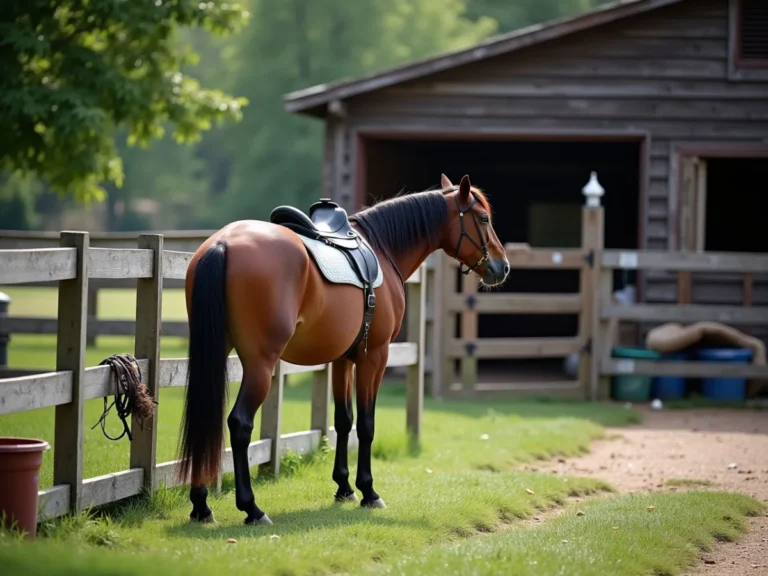 Horse standing near paddock fence, looking away