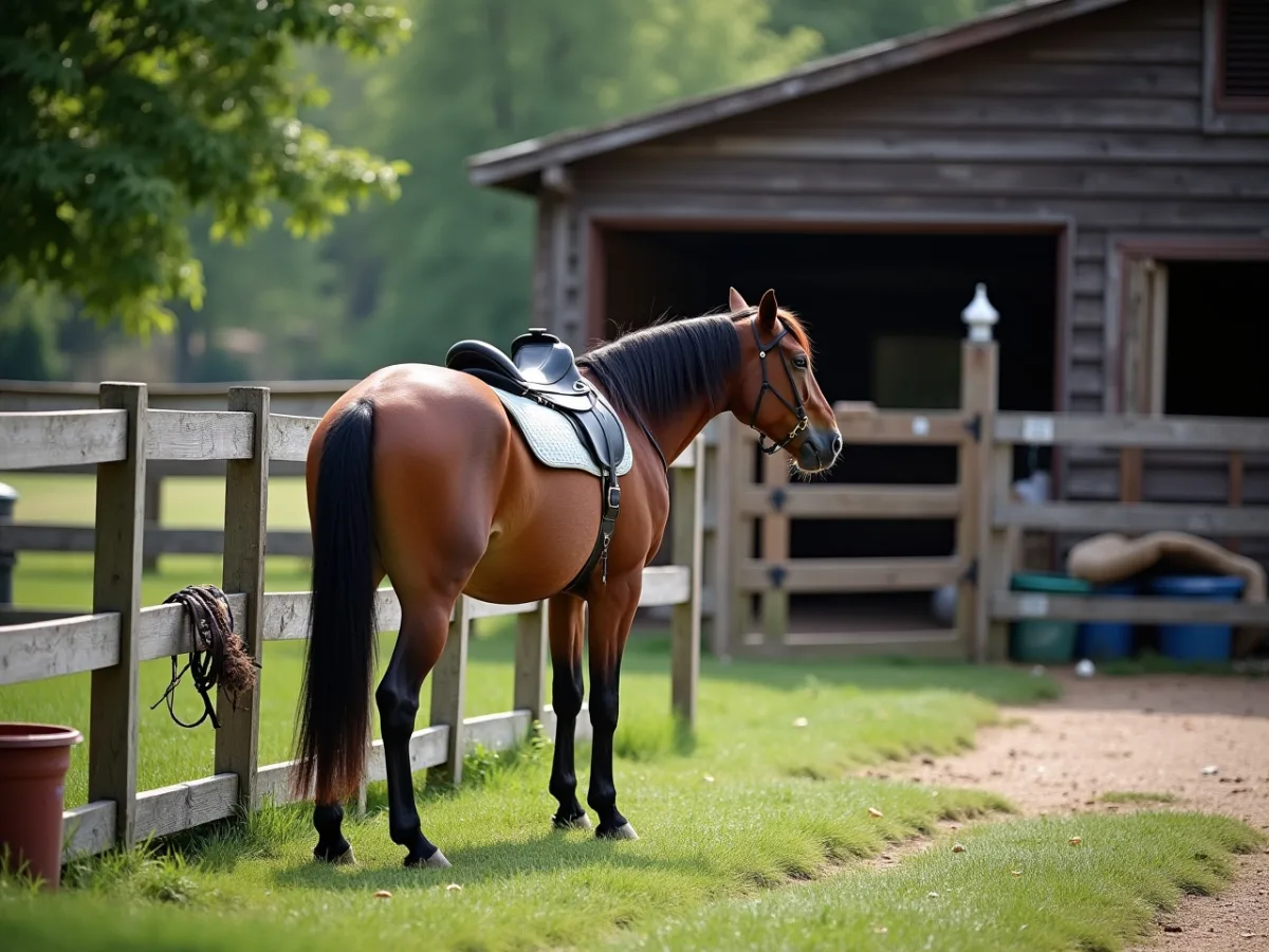 Horse standing near paddock fence, looking away