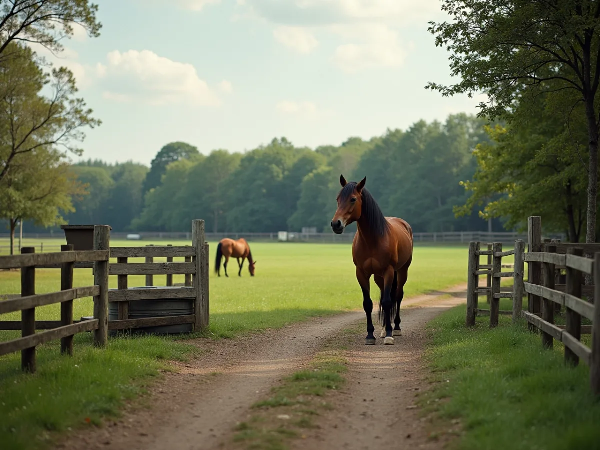 Horse standing near pasture fence