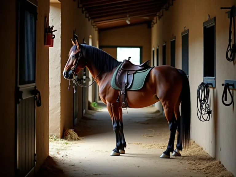 Horse standing tense near a barn doorway