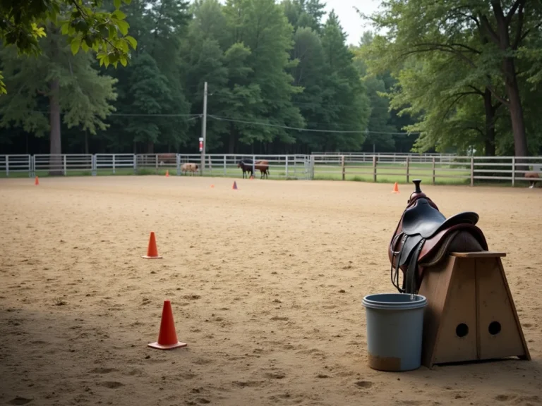 Horse near training arena with scattered cones