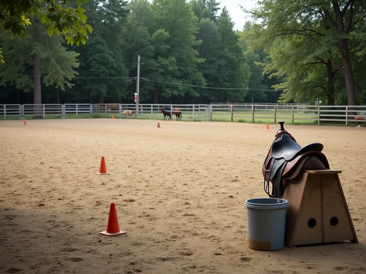 Horse near training arena with scattered cones