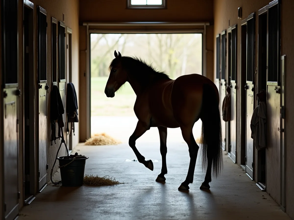 Restless horse in a quiet stable aisle