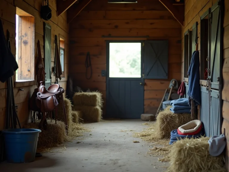 Horse tack and grooming tools in a stable aisle