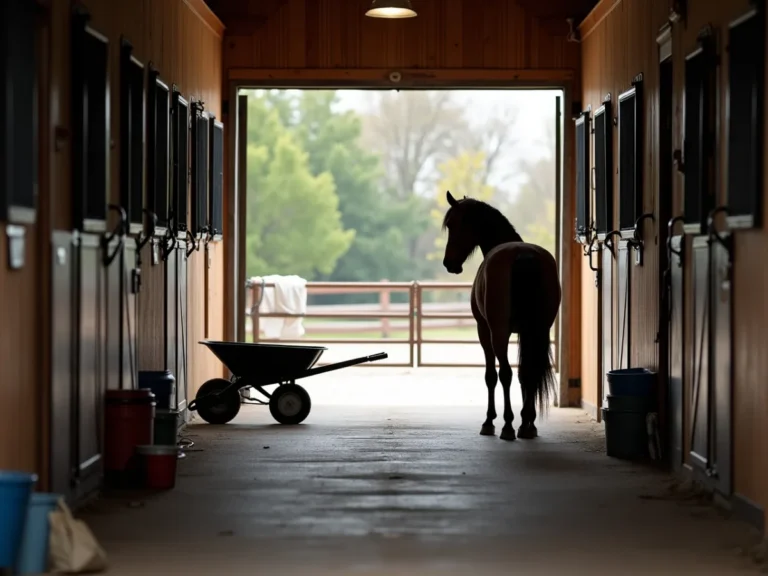 Alert horse near a quiet barn aisle