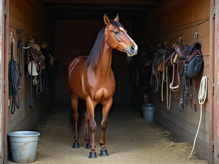 Horse head tossed back near tack and stable wall