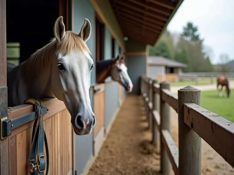 Horse standing calmly beside a stable gate