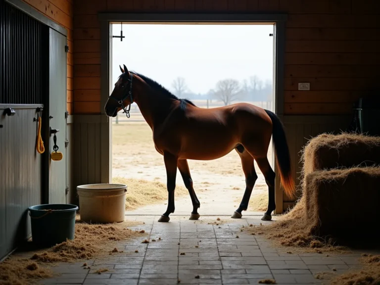 Horse standing quietly in a stable doorway