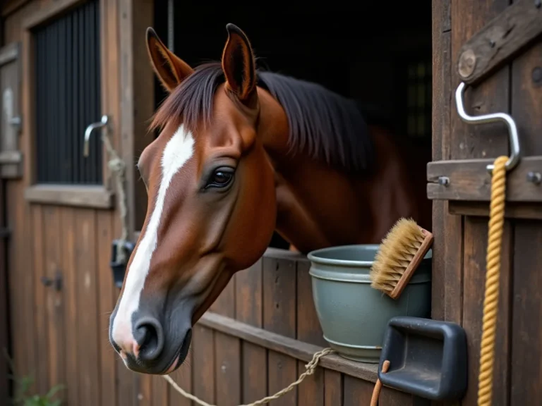 Horse muzzle near a human hand and barn tools