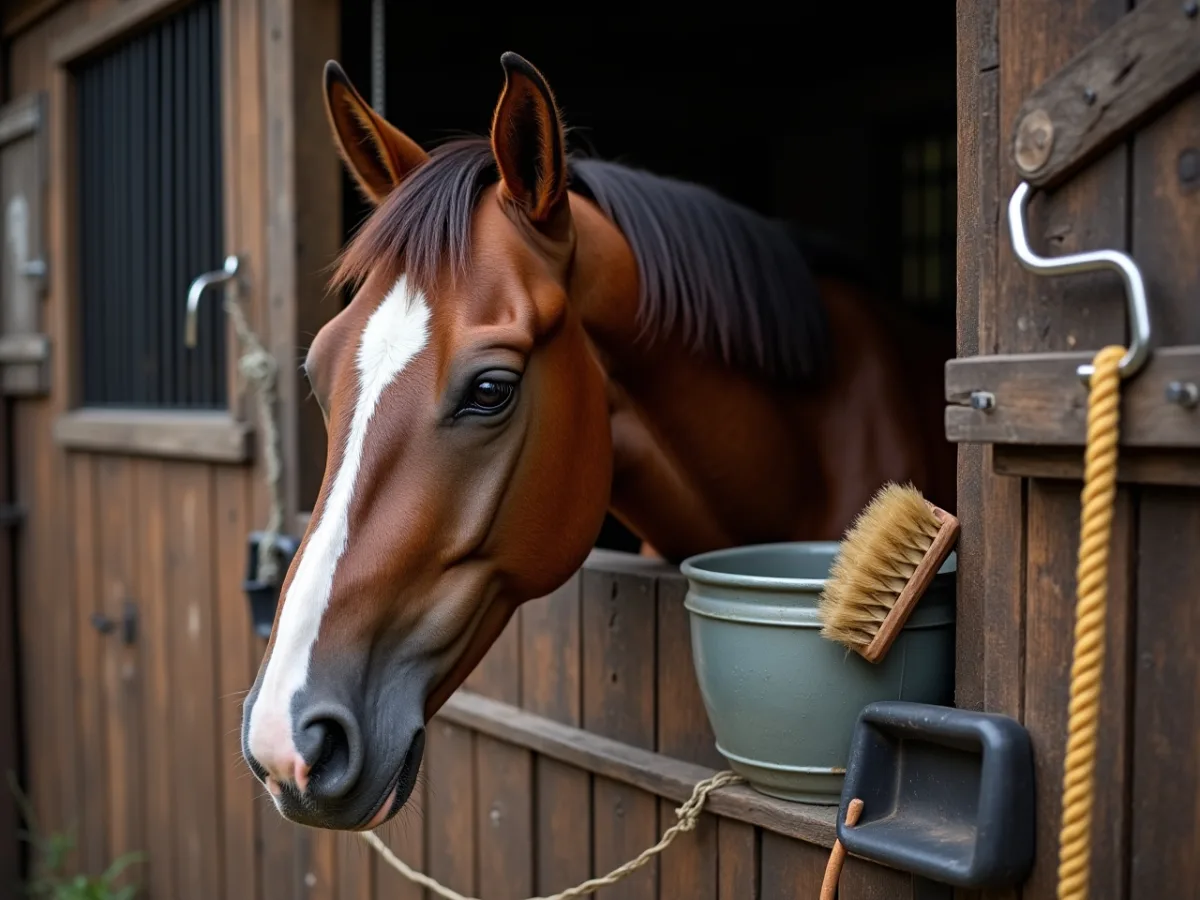 Horse muzzle near a human hand and barn tools
