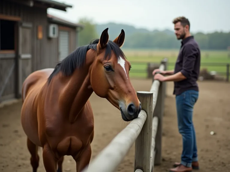 Horse watching a calm person nearby
