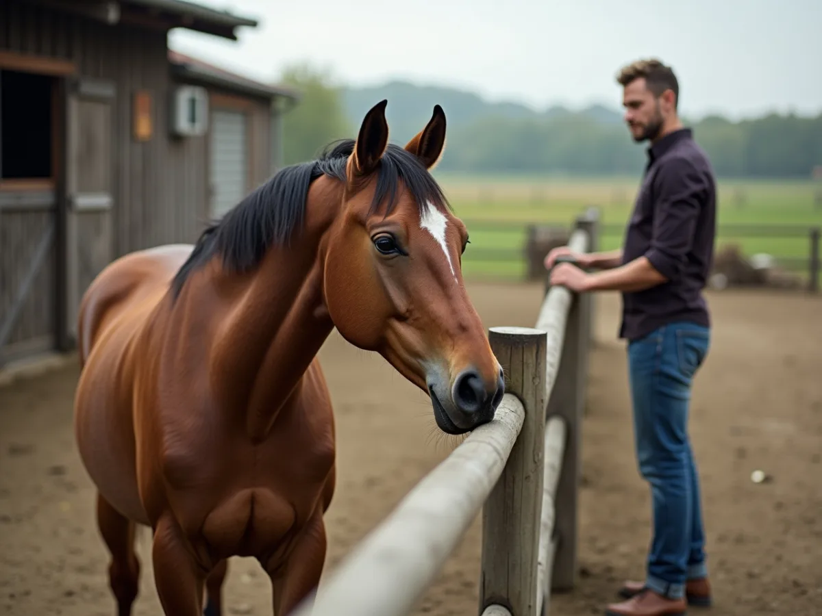Horse watching a calm person nearby