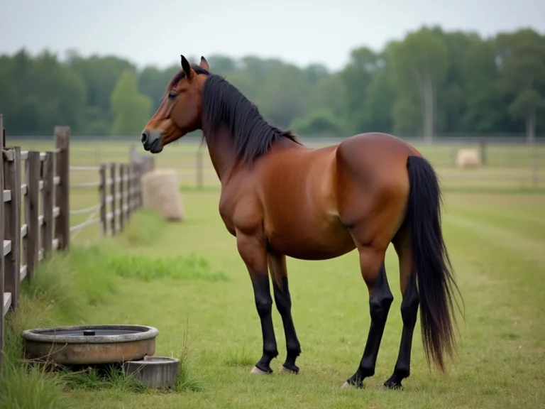 Horse staring toward distant movement in pasture
