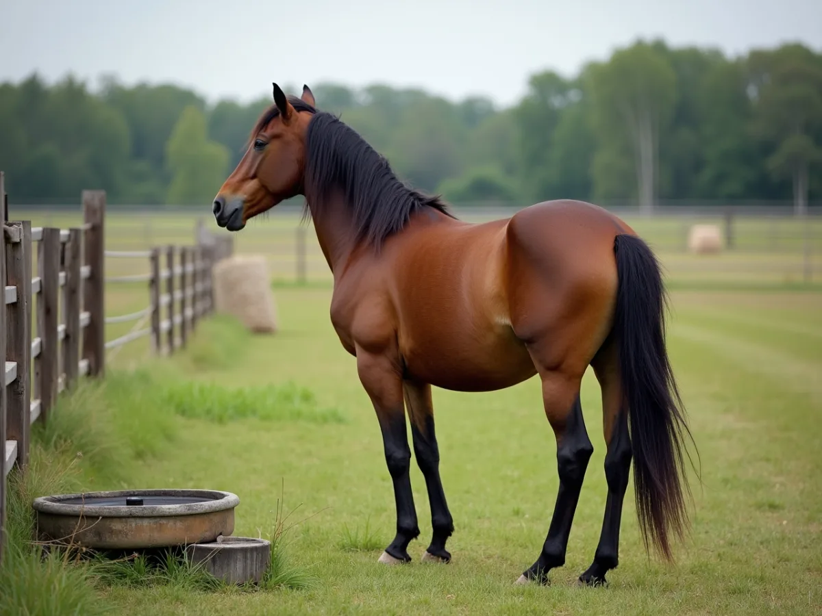 Horse staring toward distant movement in pasture