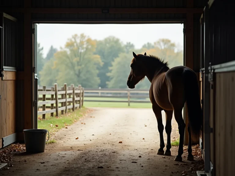 Horse watching a small change near the barn