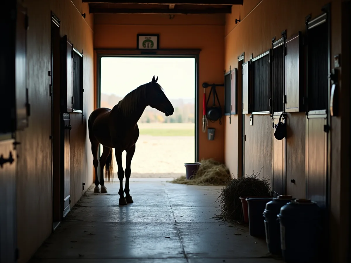 Horse standing close to a stable doorway