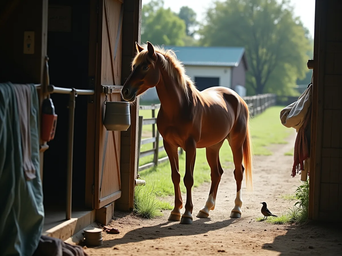 Horse alert near a quiet barn doorway