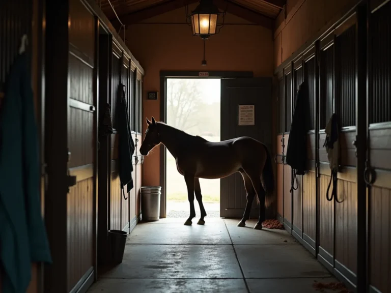 Horse in quiet stable aisle near tarp and bucket