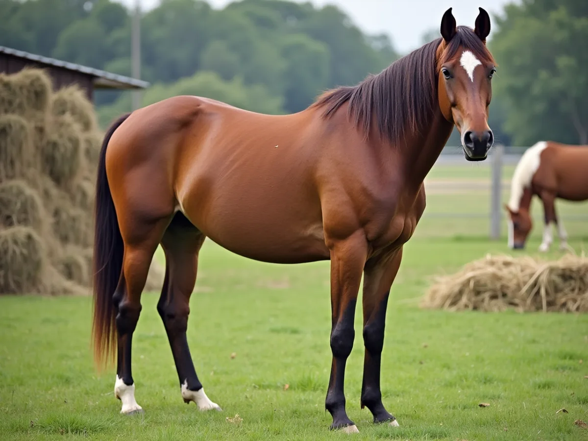Horse with pinned ears in a pasture