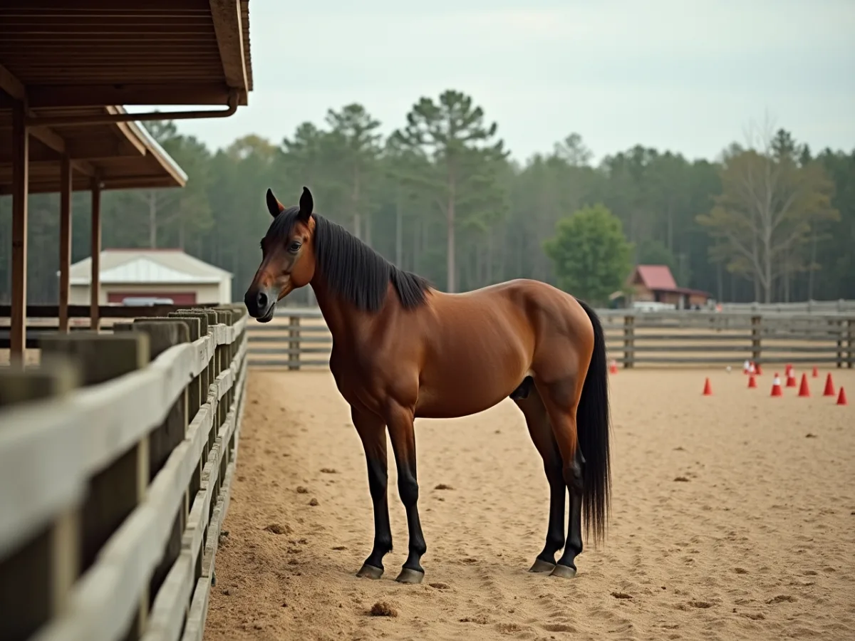 Horse near quiet arena fencing