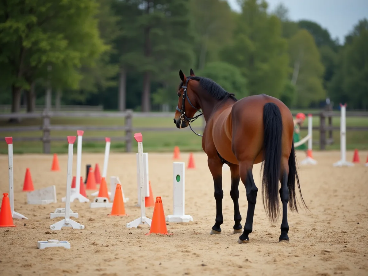Horse hesitating near a training cone