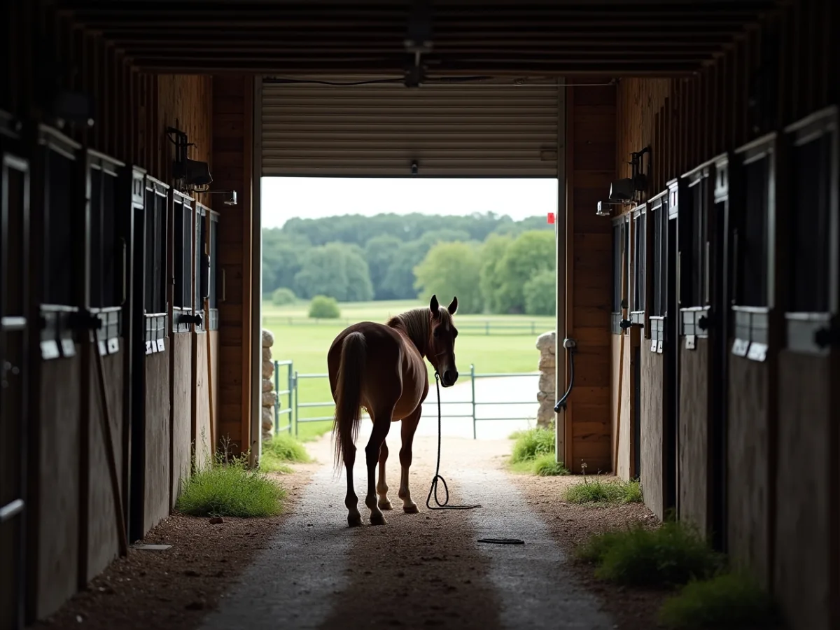 Horse hesitating near barn doorway