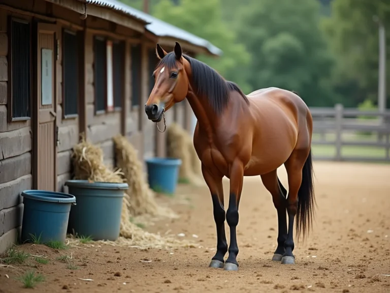 A restless horse near a fence