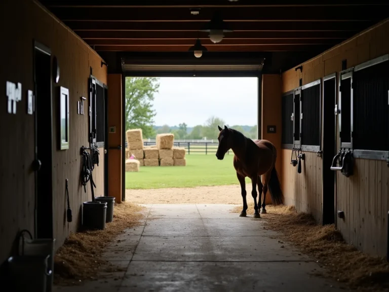 Horse near stable doorway with calm surroundings