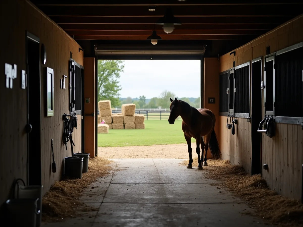 Horse near stable doorway with calm surroundings