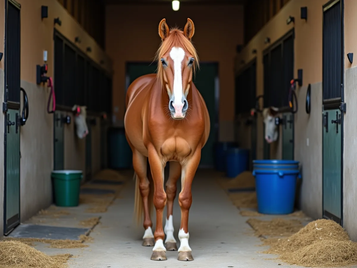 Horse standing calmly in a quiet barn aisle