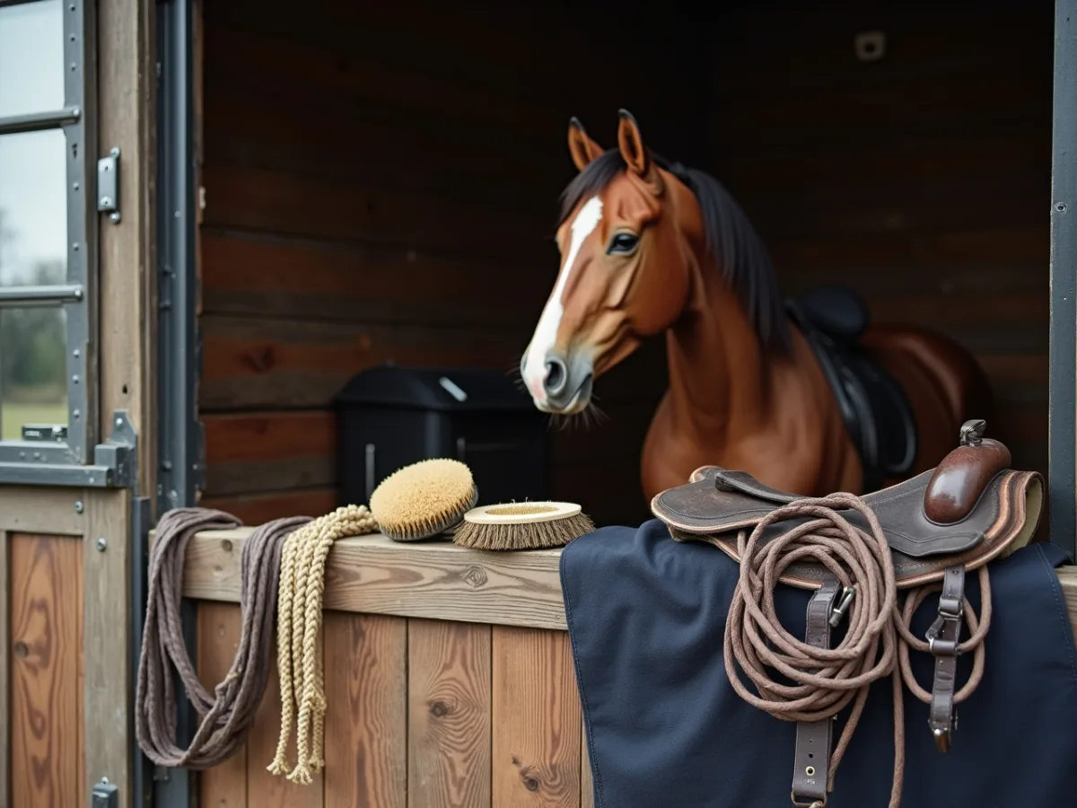 Horse grooming tools beside a stable wall
