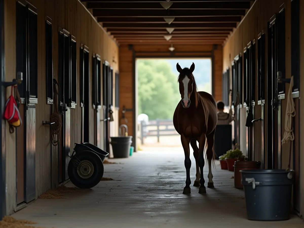 Horse reacting in an empty barn aisle