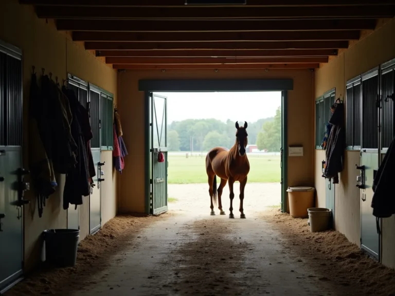 Horse standing near a barn with scattered tack