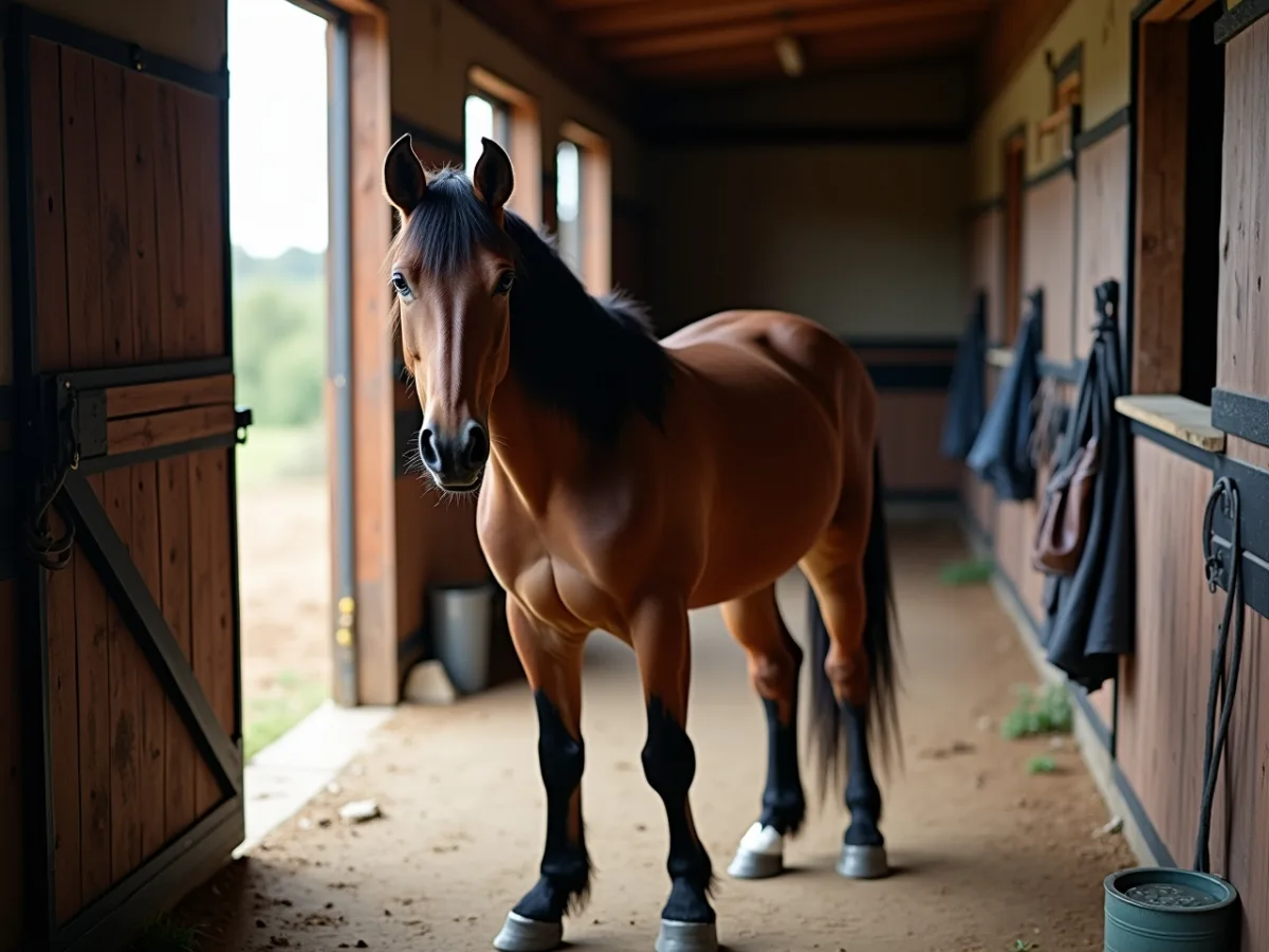 Horse standing alert near stable doorway