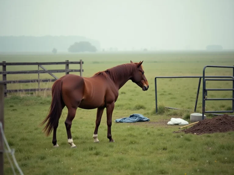 Horse watching a tarp in a pasture