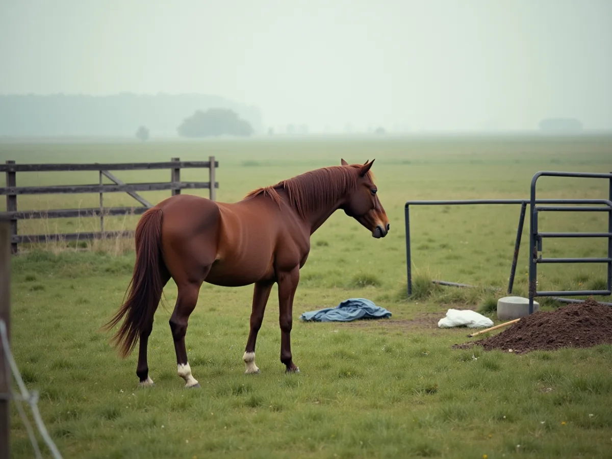 Horse watching a tarp in a pasture