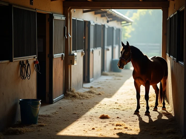Horse near stable gate watching nearby handling area