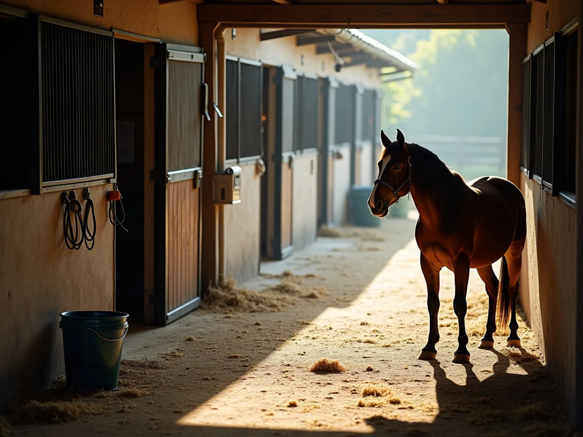Horse near stable gate watching nearby handling area