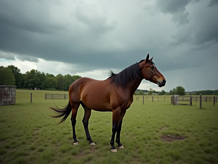 Horse standing in a windy pasture