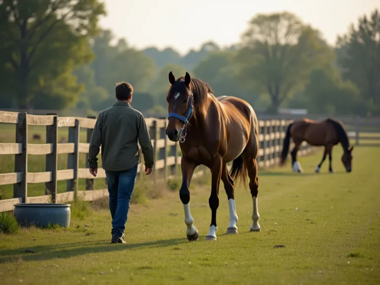Horse walking closely behind a person in a pasture