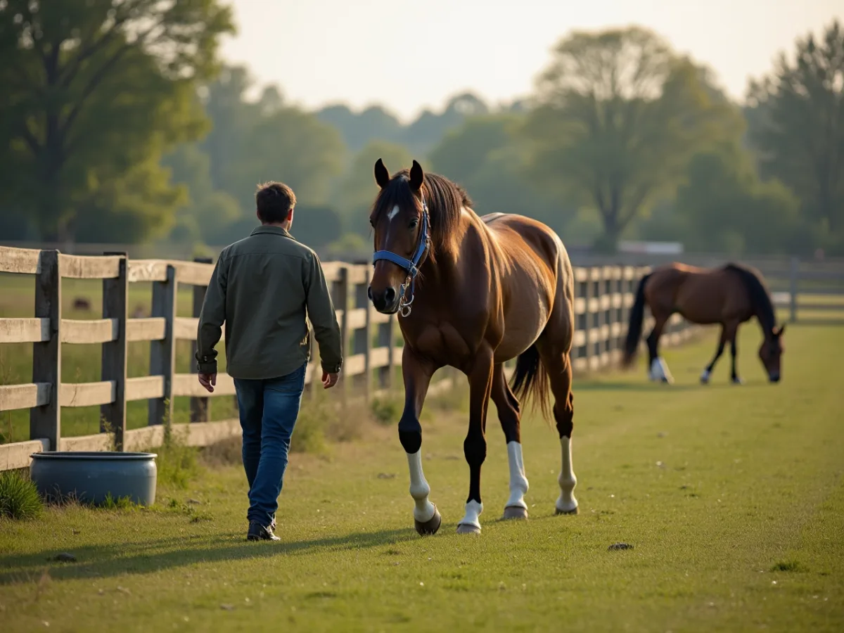 Horse walking closely behind a person in a pasture