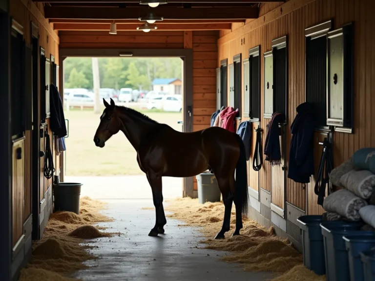 Horse in a new stable, watching the aisle