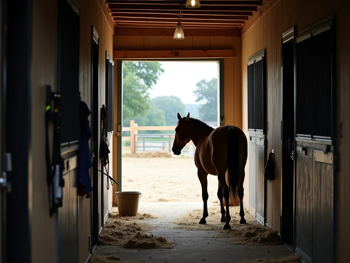 Horse near barn door and familiar tack
