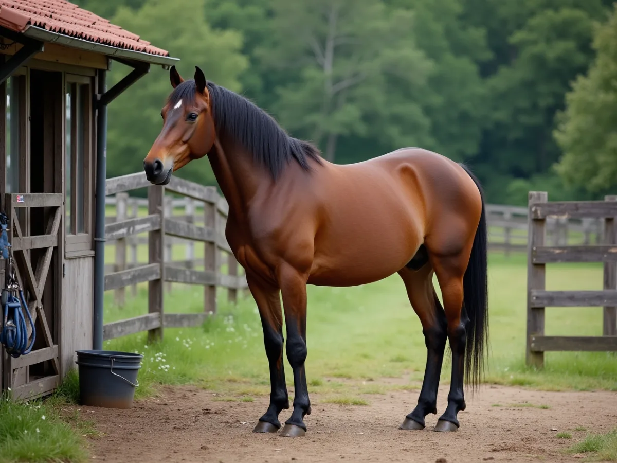 Horse turning away near open pasture fence