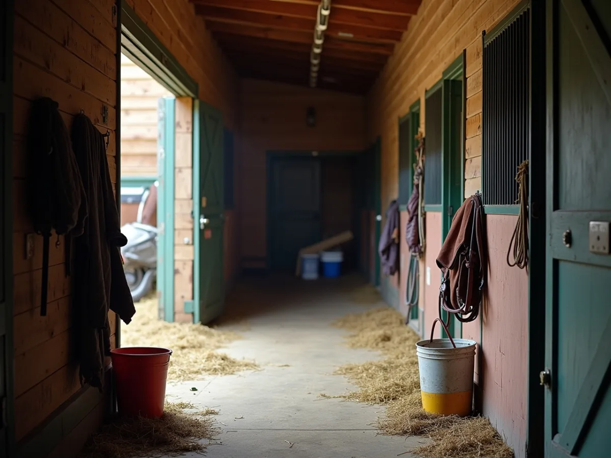 Horse tack room with tense lead rope and grooming tools