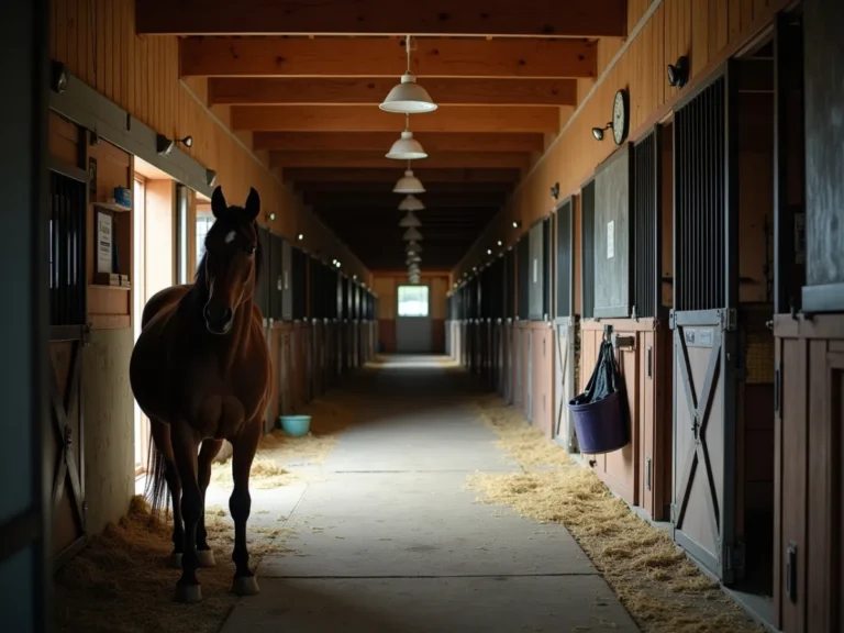 Horse beside stable door and feeding bucket