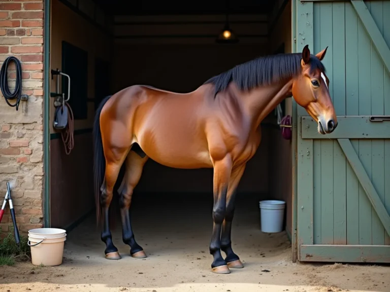 Horse standing tense near a stable doorway