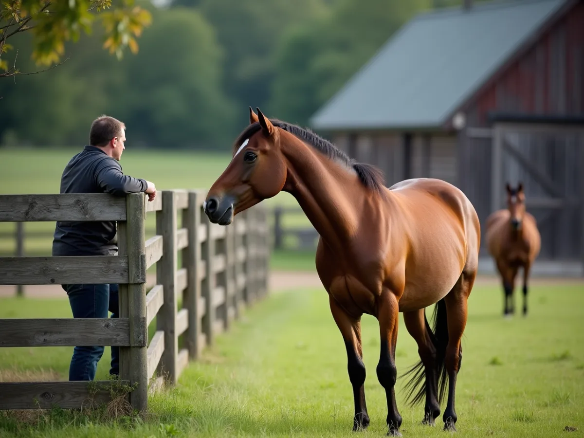 Horse watching a person near the pasture fence